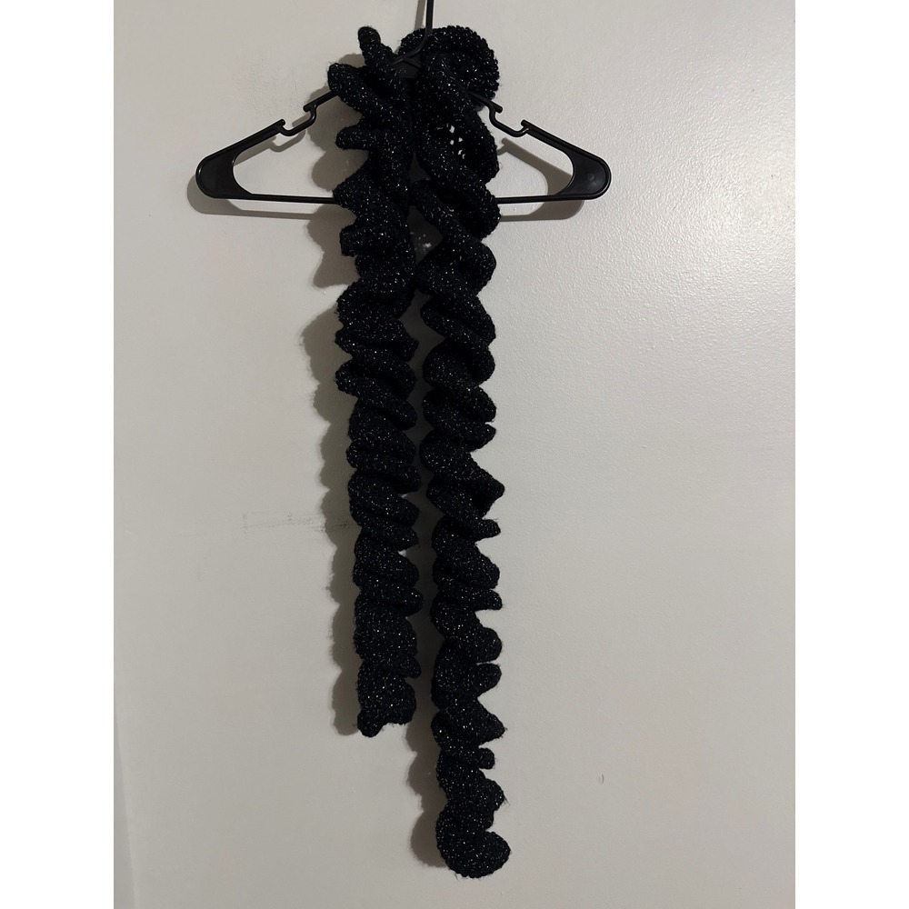 Black Crochet Corkscrew Spiral Ruffle Scarf Silver Metallic Sparkle Shimmer Knit